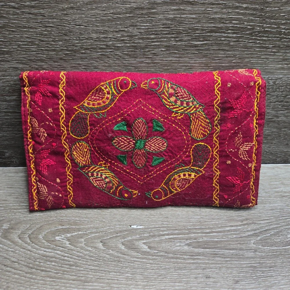 Aarong Bangladesh Hand Embroidered Nakshi Kantha Maroon Fabric Wallet Clutch